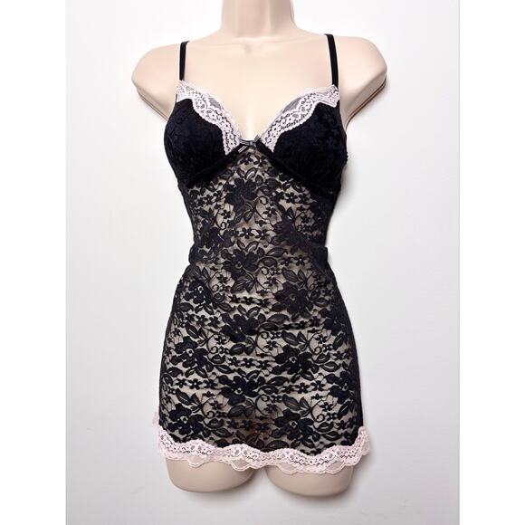 Gilligan & O’Malley Tops - Gilligan & O’Malley Black Lace Bustier Cami Top Pale Pink Trim Sheer Lingerie